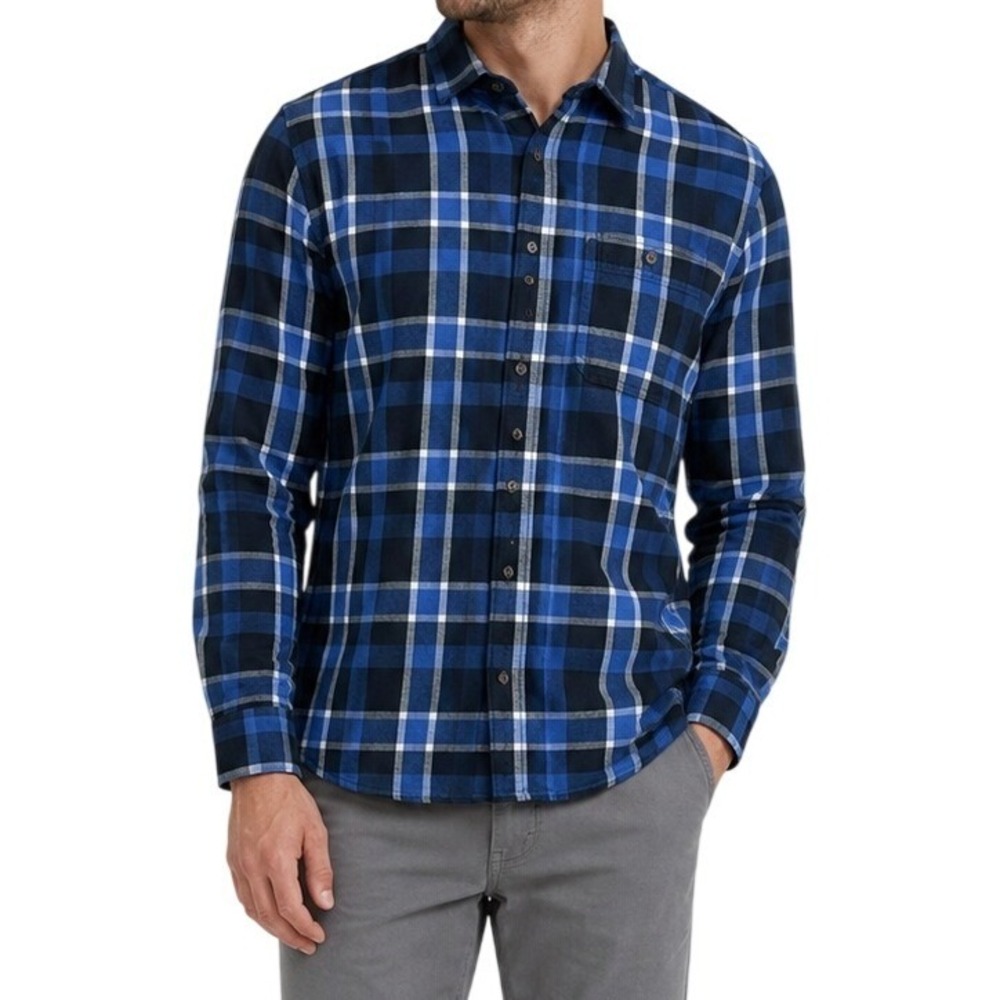 Blue Mountain Flannel Shirt Mens Large Blue Plaid Long Sleeve Cotton Button Down